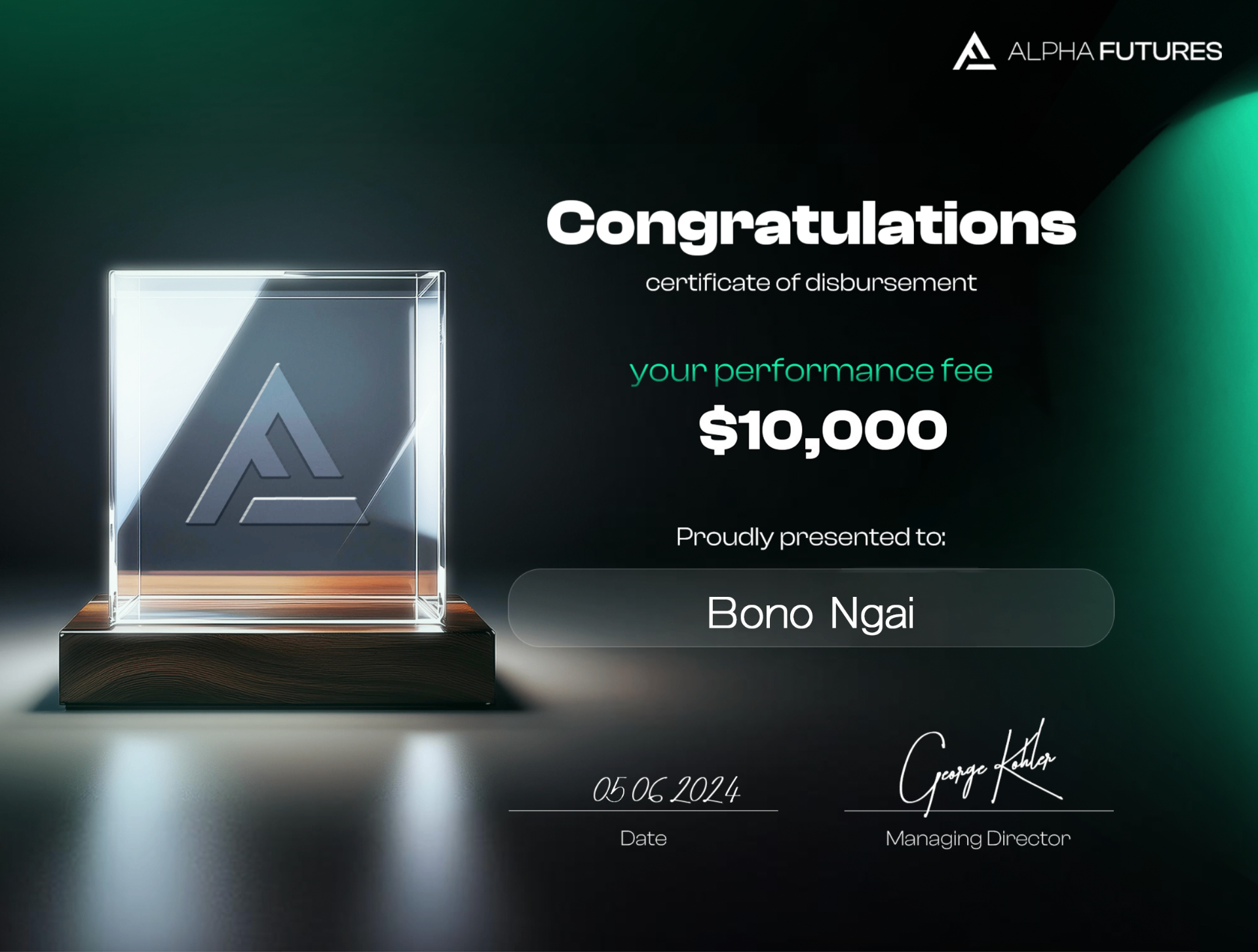 Alpha Futures $10,000 payout certificate