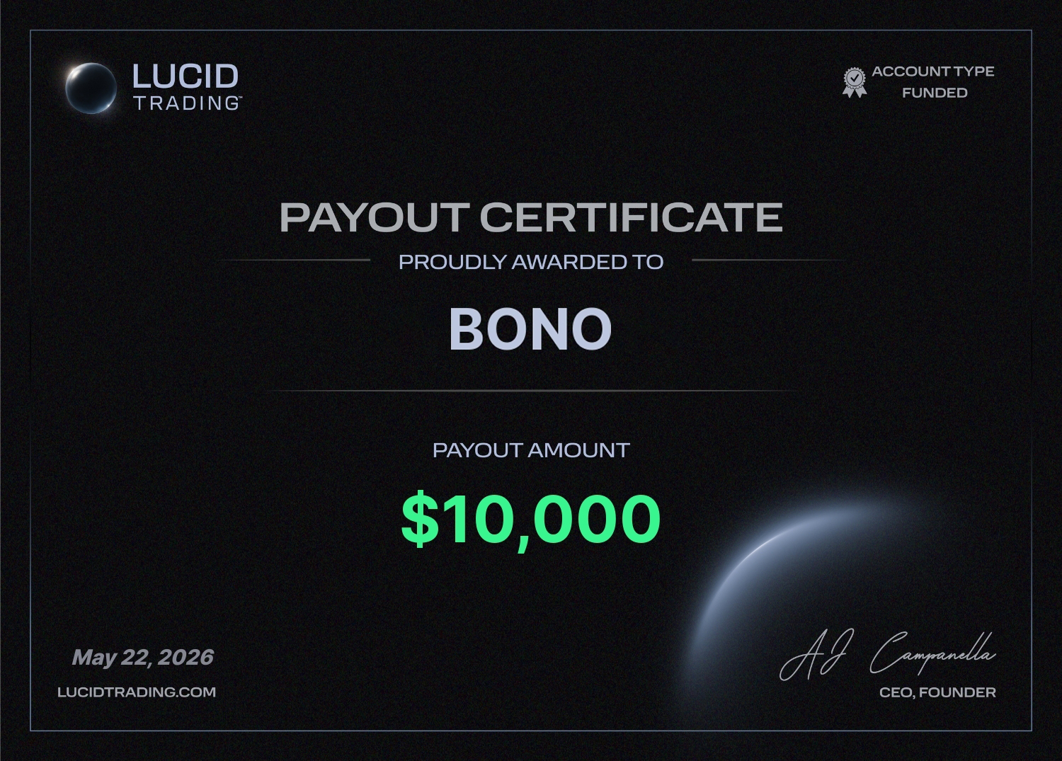 Lucid Trading $10,000 payout certificate